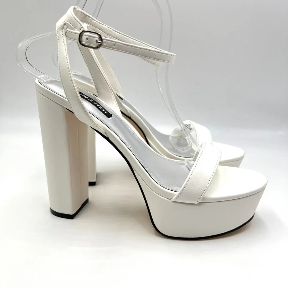 Nine West‎ Size 8.5 Uknow White Faux Vegan Leather Platform Sandals Heels Shoes